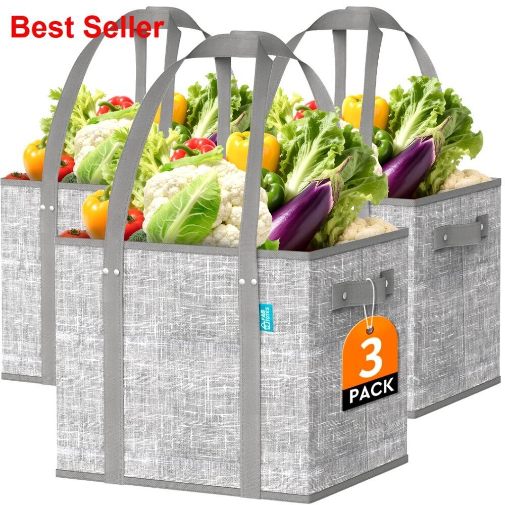 Large Foldable Reusable Grocery Tote Bags with Hard Bottom, 3 Pack